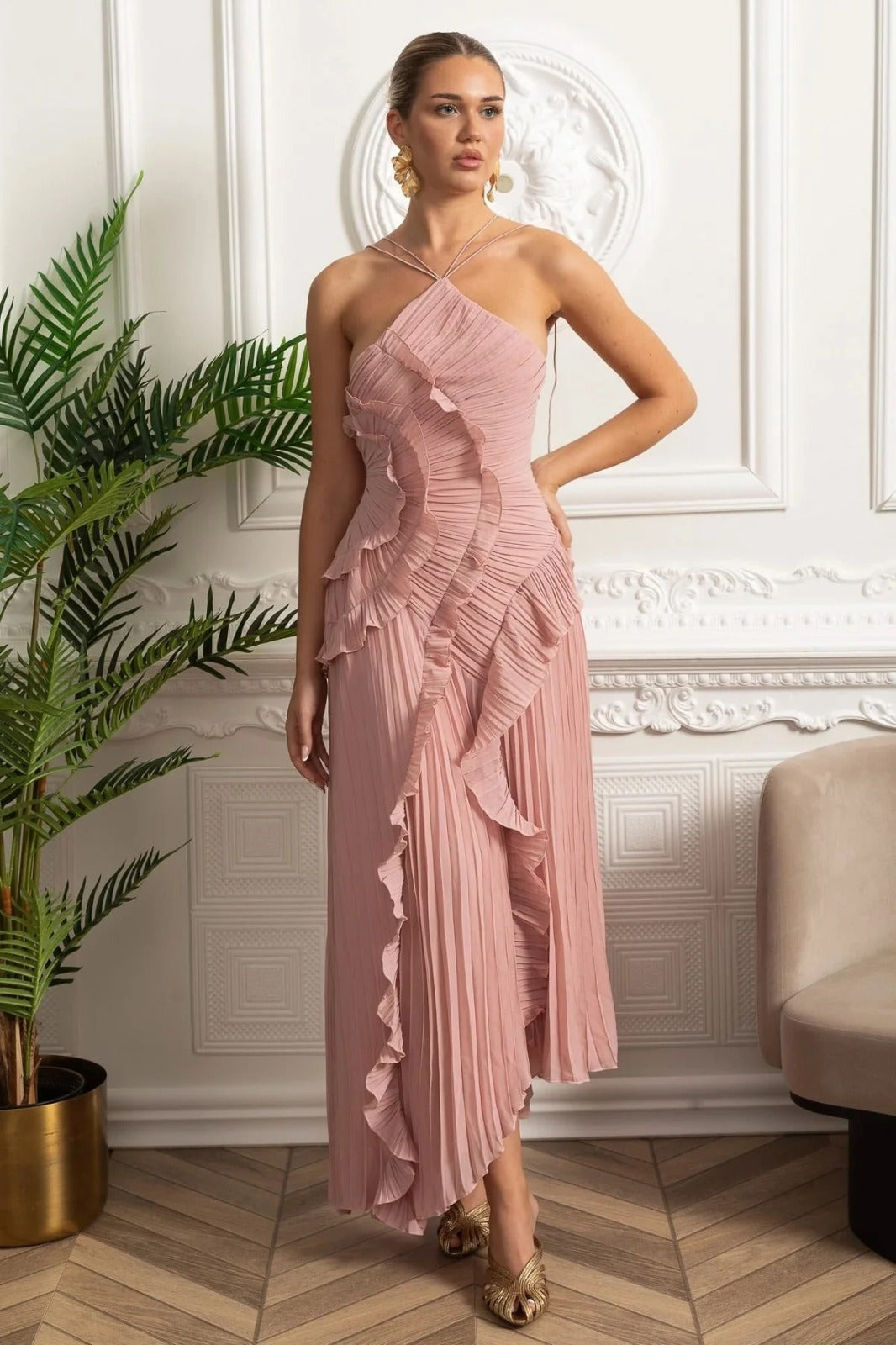 Velour Blush Ruffle Gown