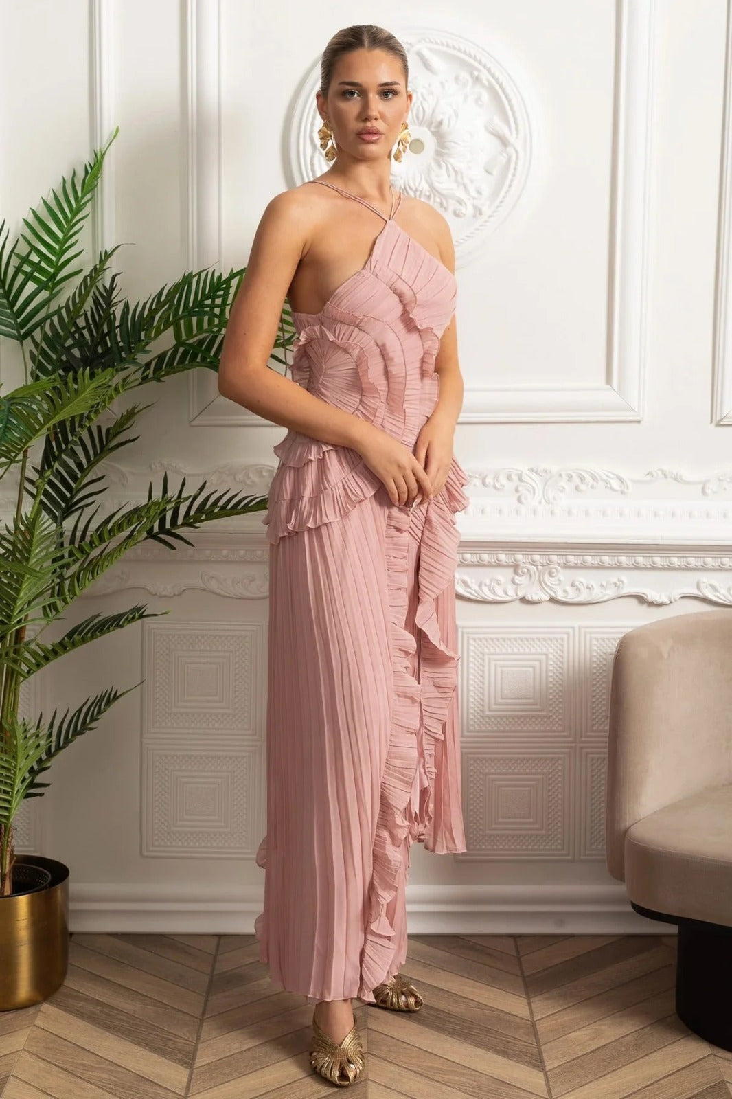 Velour Blush Ruffle Gown
