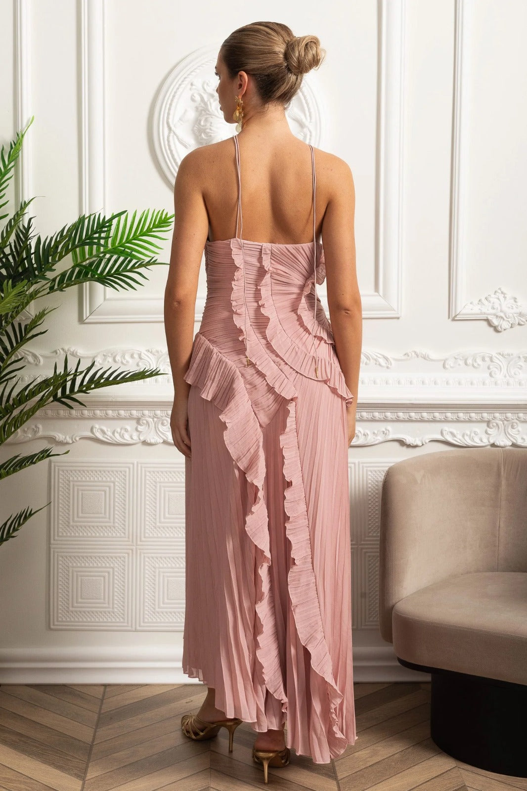 Velour Blush Ruffle Gown