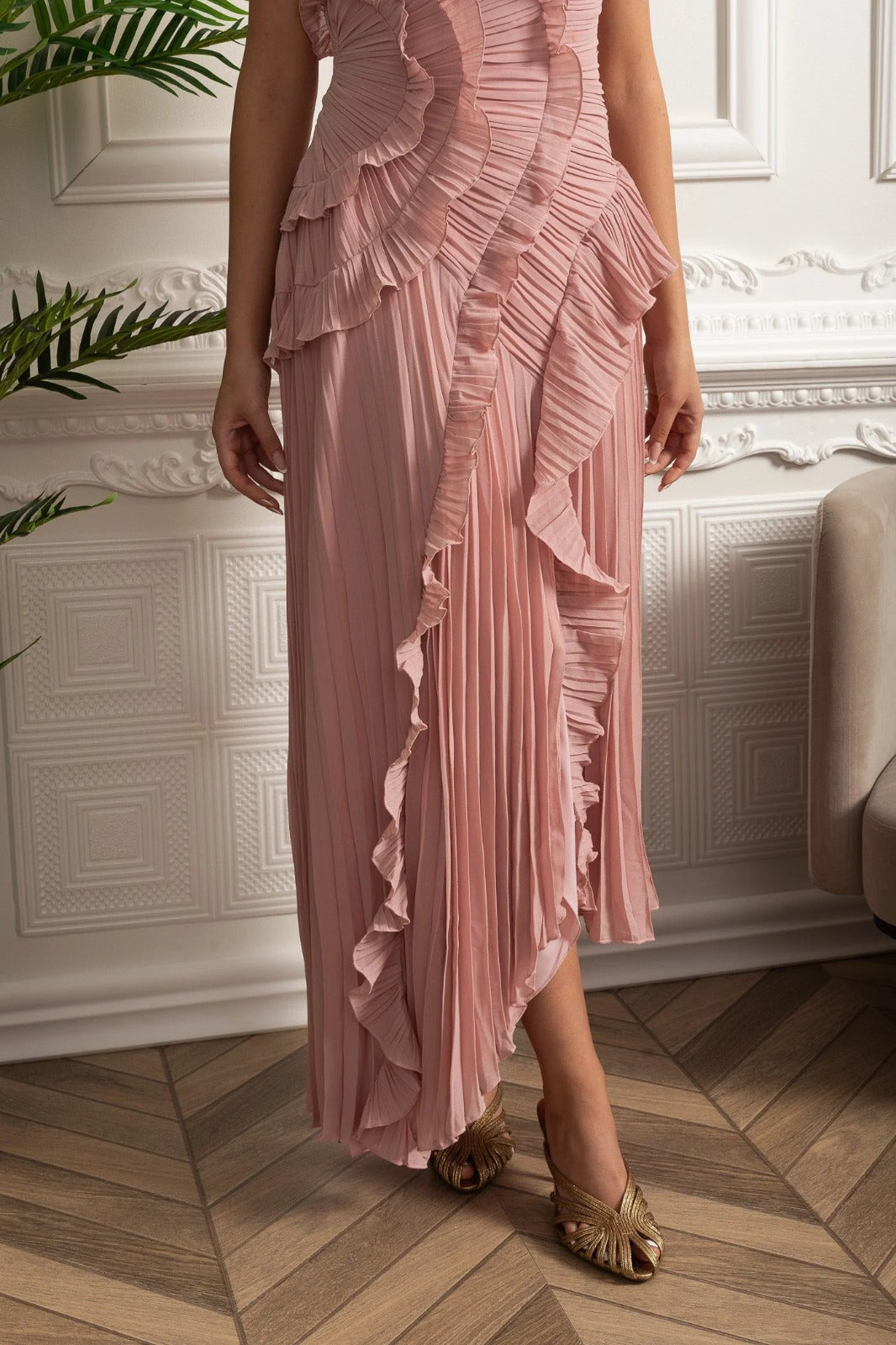 Velour Blush Ruffle Gown