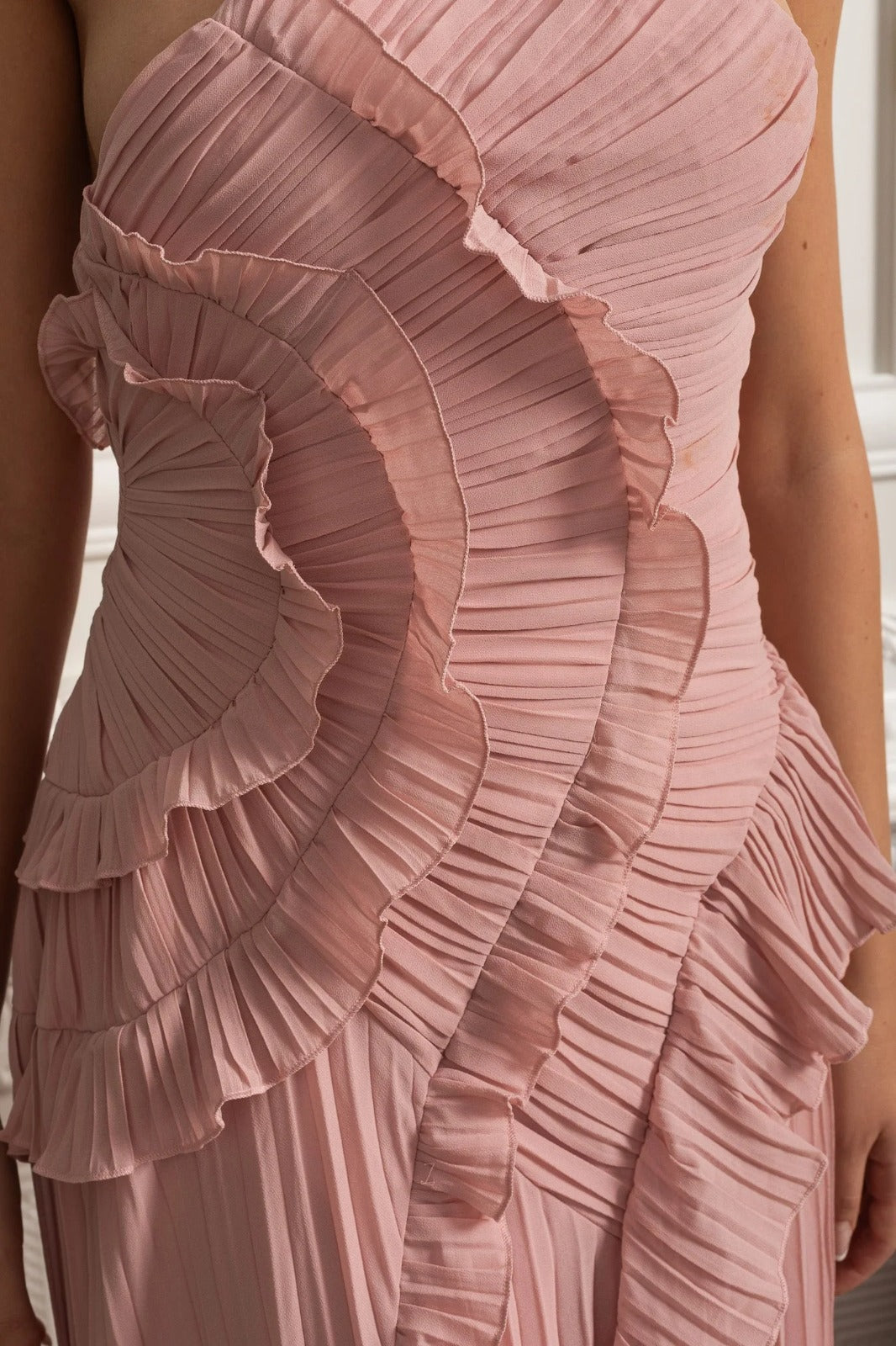 Velour Blush Ruffle Gown
