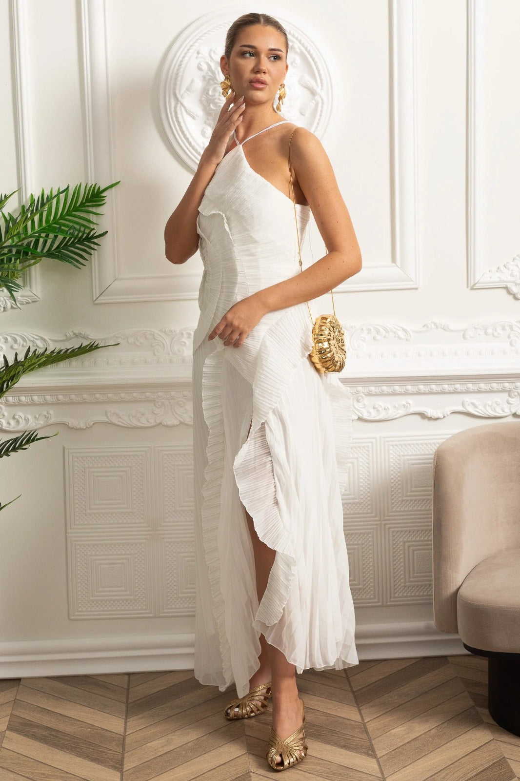 Velour Ivory Ruffle Gown