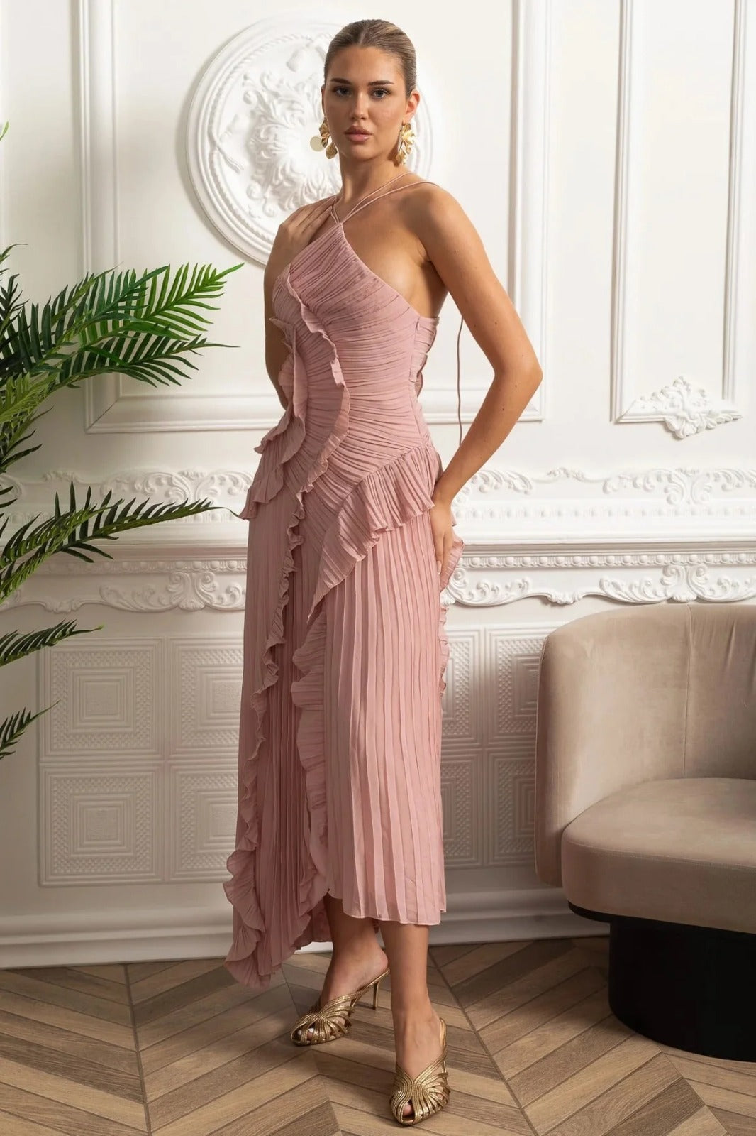 Velour Blush Ruffle Gown