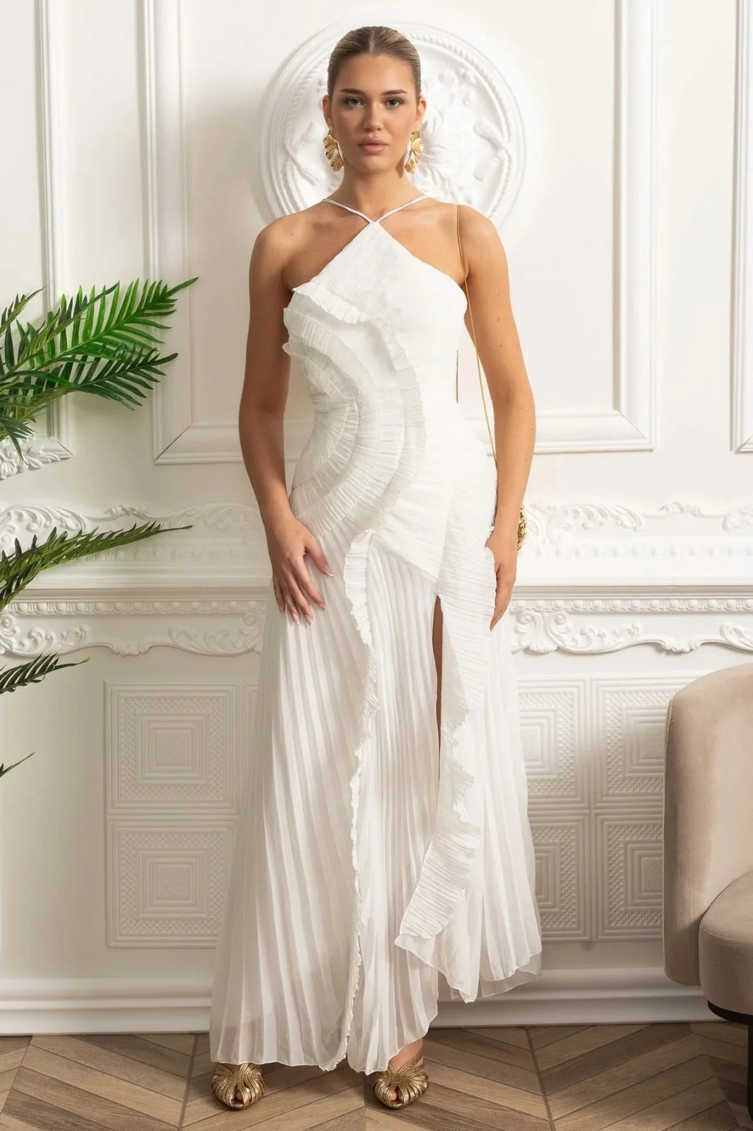 Velour Ivory Ruffle Gown